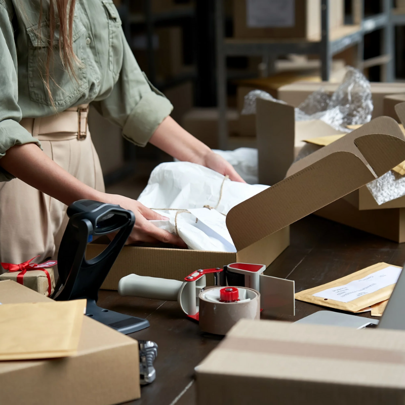 Sidekick Kitting team member carefully packaging up items in a mailer box for FBA fulfillment
